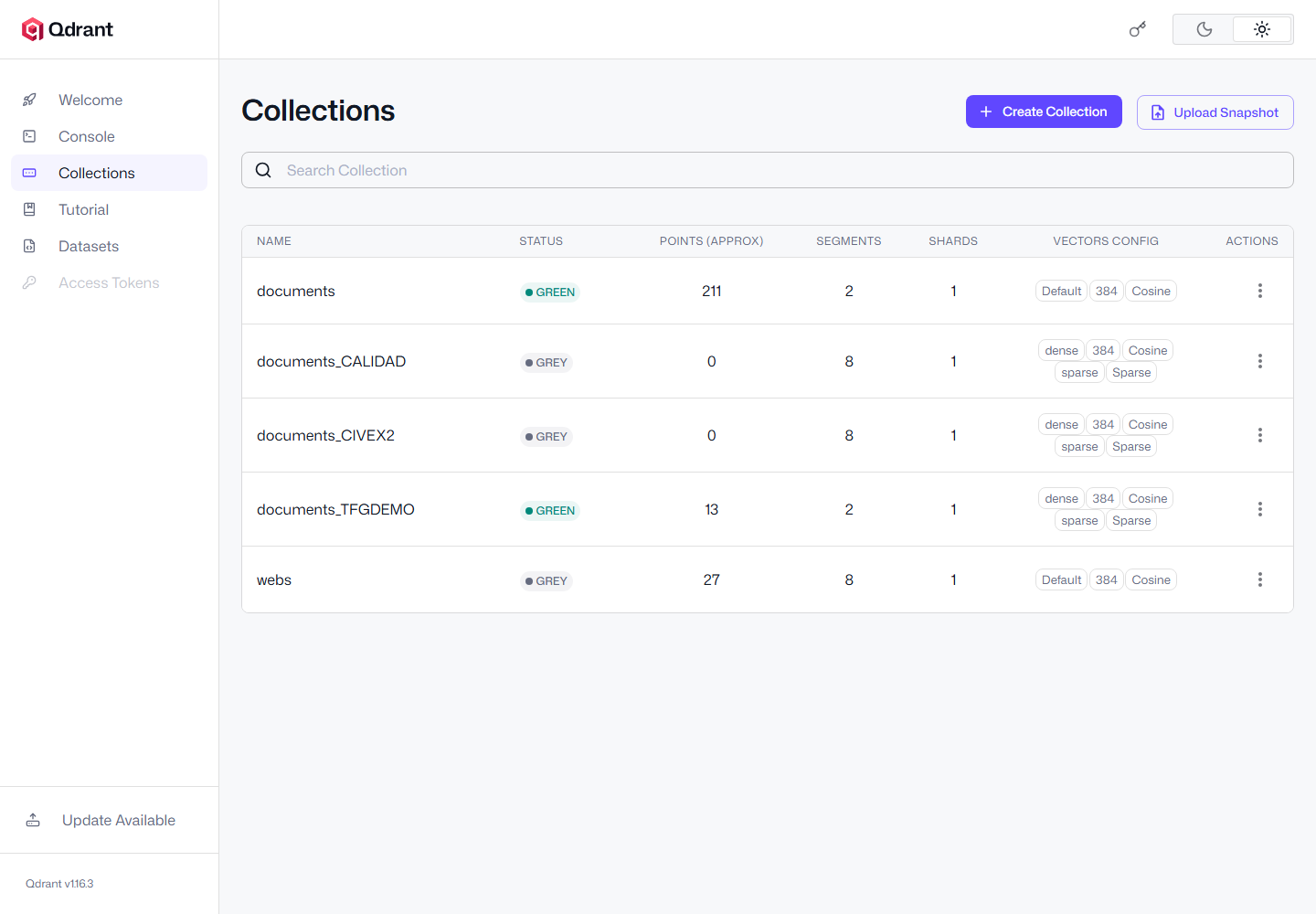 Dashboard de Qdrant con documents_TFGDEMO